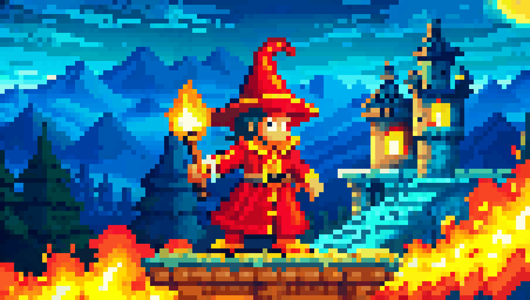 Rincewind the Wizard standing on a rock surrounded by flames, holding a torch in his hand, a fantasy castle in the background.